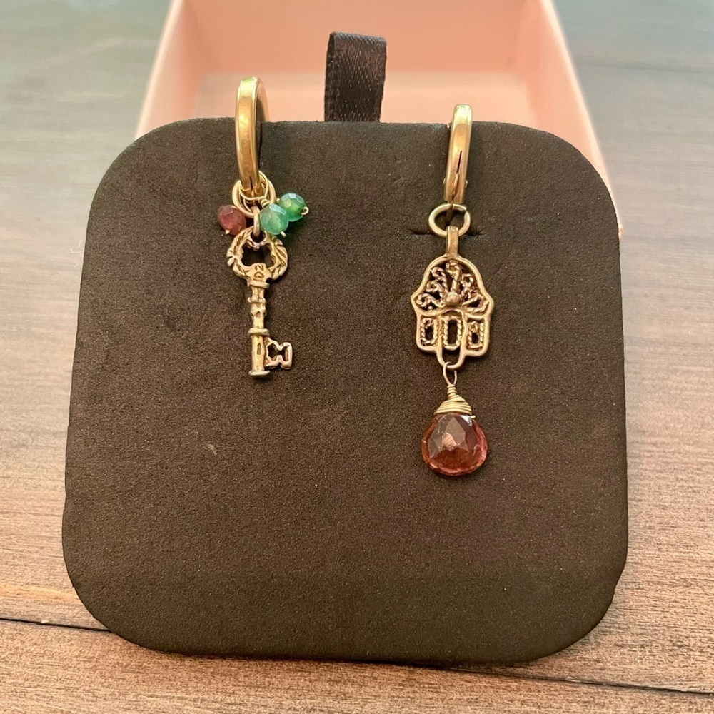 GOLD plated mismatched hamsa hand and key hoops